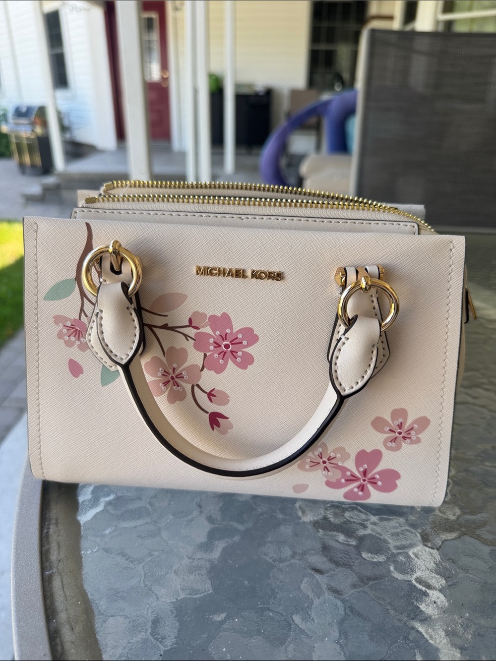 Michael Kors Cream Floral Saffiano Leather Satchel with Pink Blossoms